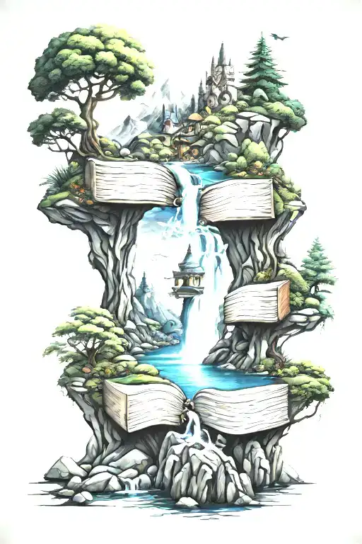 fantasy, books, princess, elves, dragons, mountains, waterfalls, colours tattoo design idea