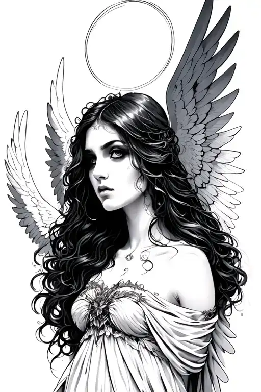 imagine prompt: black and white tattoo sketch of a gothic angel woman with large wings, flowing hair, glowing halo above tattoo design idea