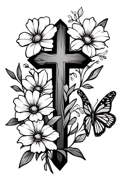 simple thin lined cross with flowers around the cross. two of the flowers are mustard seed and Lili, add a butterfly tattoo design idea