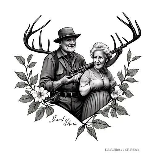 a tatoo in memory of my grandma and grandpa. my grandpa was a hunter and my grandma loved working in the garden tattoo design idea