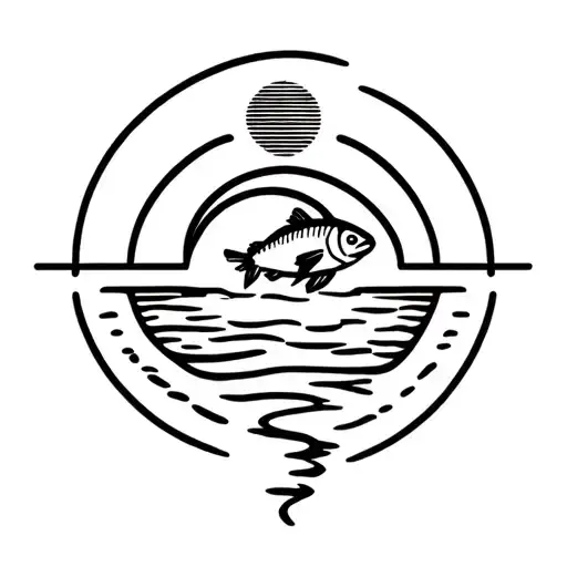 a fish with a solar eclipse and a small body of water under it tattoo design idea