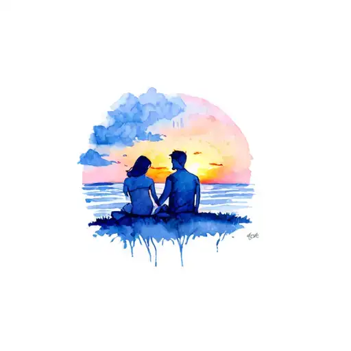 sunset watchimg couple sitting tattoo design idea