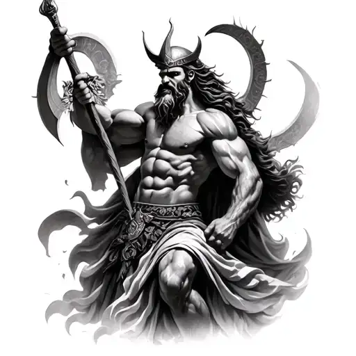 realistic, fine detail of odin in battle with zeus in black and grey scale tattoo design idea