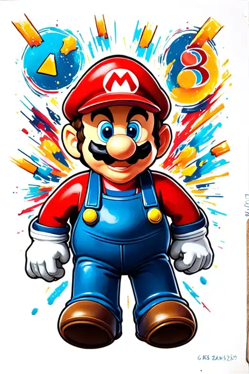 Super Mario. With his classic outfit and iconic jump. Show three lives, but only one should remain. The other two should be gone. I'll get it on my forearm, so it shouldn't be too big. tattoo design idea