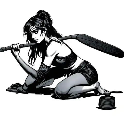 Submissive sexy young woman kneeling and holding a paddle tattoo design idea