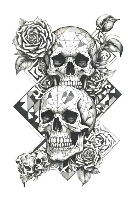 A geometric design incorporating elements of spirituality and skulls symbolizing duality tattoo design idea