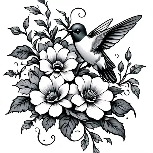 flowers and vines with a hummingbird hovering bee surrounded by swirling tattoo design idea