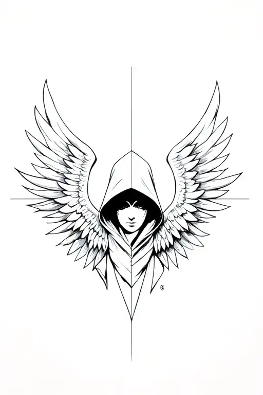 Archangel Azrael with protective countenance with hood and wings. tattoo design idea