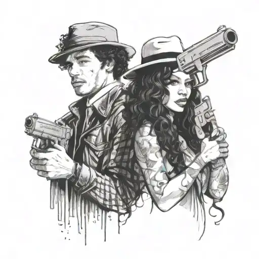 black girl, with long kinky curly black hair, holding a gun, and white man with a skimask on, Bonnie and Clyde inspired  tattoo design idea