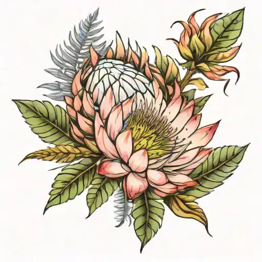 king protea flower with silver fern growing tattoo design idea