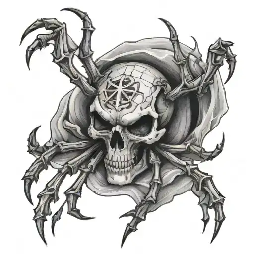 spider holding skull with a cross inside the skull tattoo design idea