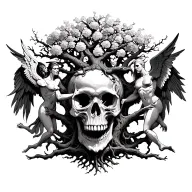 skull with tree of life and demons against angels who have the upper hand tattoo design idea