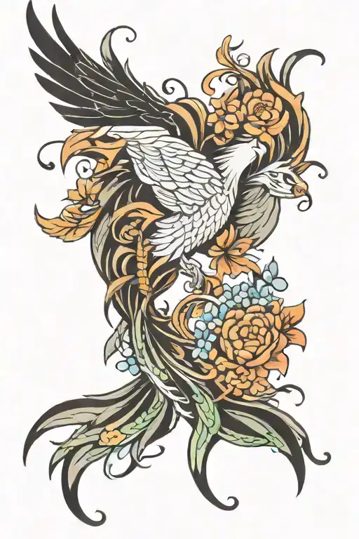 phoenix rising into flowers and butterflies fluttering tattoo design idea