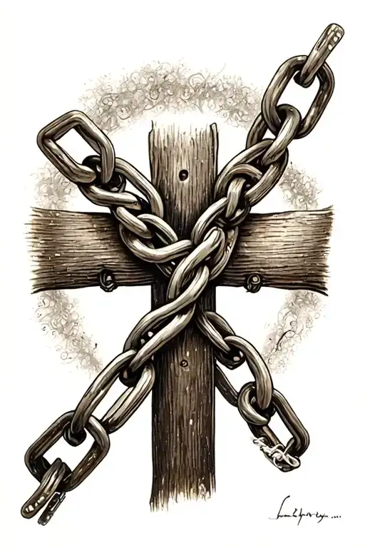 Cross snapping the links of a chain tattoo design idea