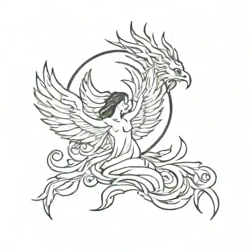 Goddess Hestia, Phoenix and Death spirit avatar mixed tattoo design idea