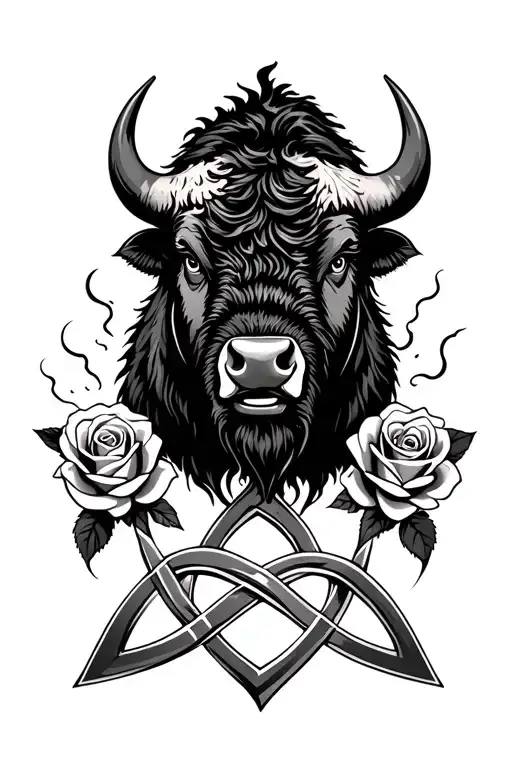 bison face coming out of storm with 3 roses around a trinity knot tattoo design idea