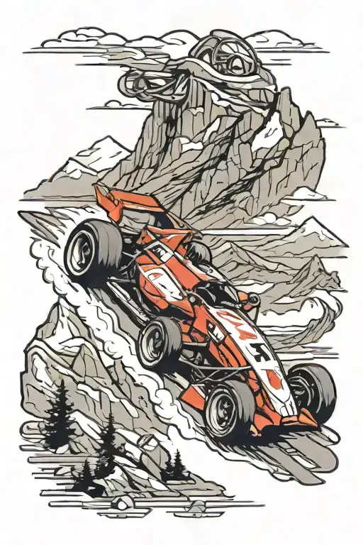 f1 race car driving in mountains tattoo design idea