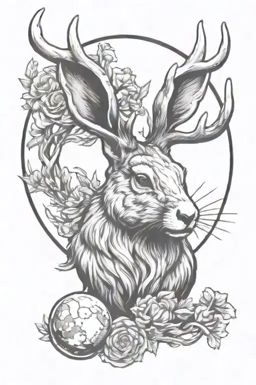 Jackalope with moon between antlers tattoo design idea