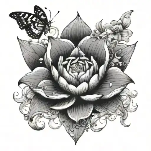 Aquarius, Pisces , and Scorpio zodiac star, lotus flower and butterflies tattoo design idea
