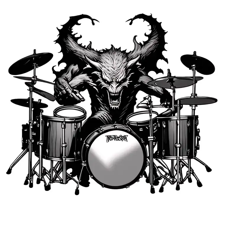 a demonic beast playing drumset with lots of high energy playing thrash metal music tattoo design idea