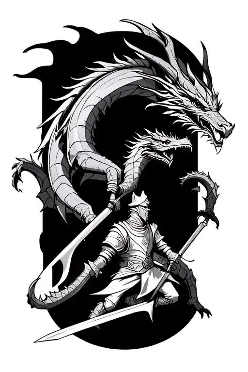 dragon fighting a knight holding a sword tattoo design idea