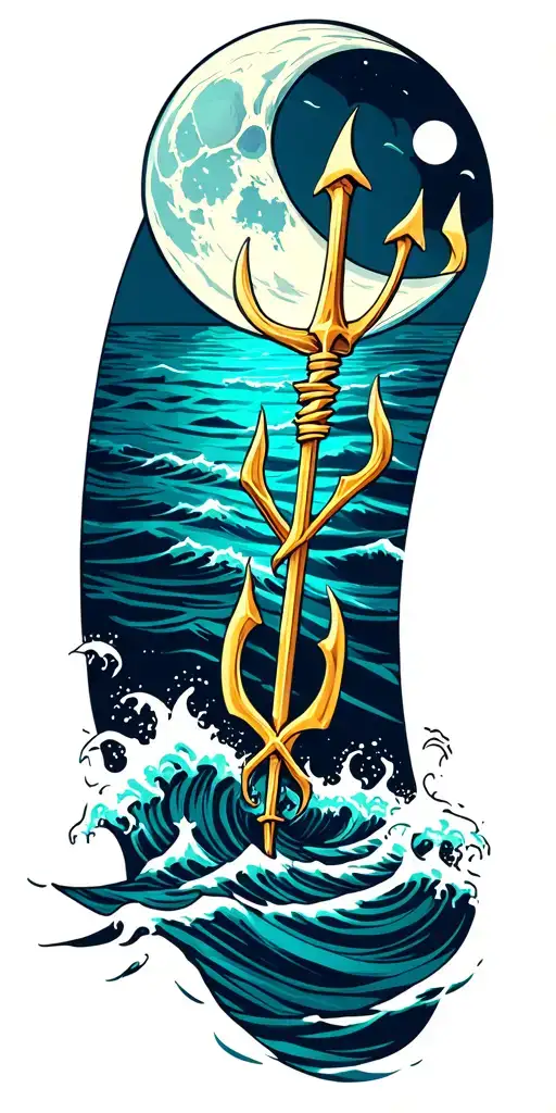 moon over rough seas and poseidon trident piercing using deep blue and turquoise coloring  tattoo design idea