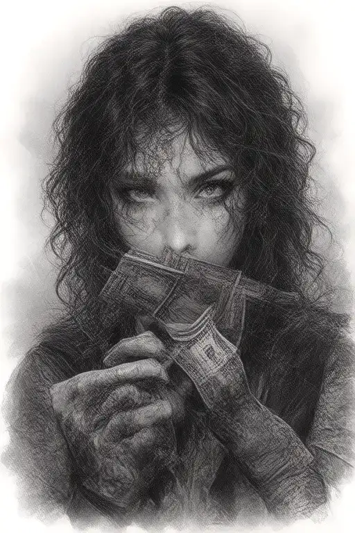 A fierce female gangster hustling figure counting money tattoo design idea