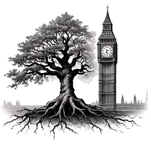 tree with roots, Big Ben clock,  tattoo design idea