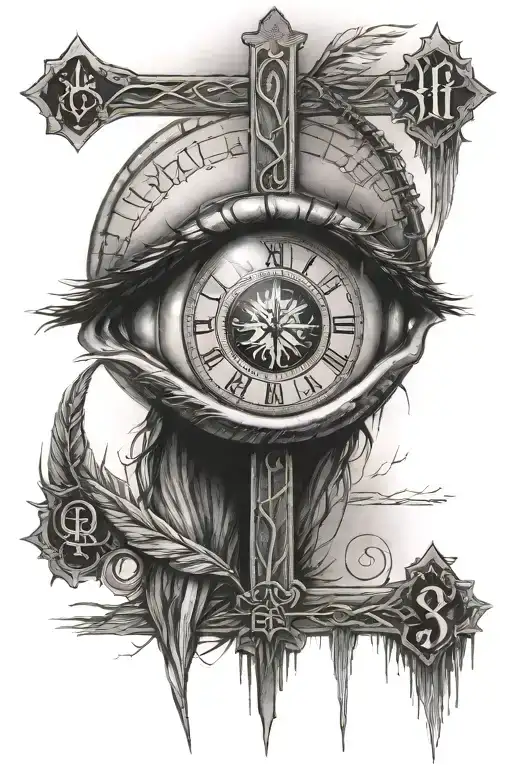 3 different Roman numeral dates and the Bible verse Matthew 6:23 around an eye with Jesus on the cross in the eye  tattoo design idea