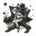 Cowboy kneeling down with a little girl running to him underneath a tree and stars  tattoo design idea