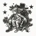 Cowboy kneeling down with a little girl running to him underneath a tree and stars  tattoo design idea