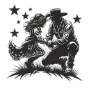 Cowboy kneeling down with a little girl running to him underneath a tree and stars  tattoo design idea