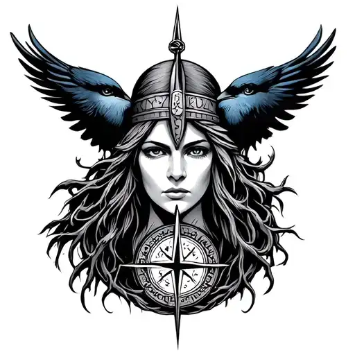 Face of a Viking Tennant woman two northern crows and compass and yggdrasil tattoo design idea