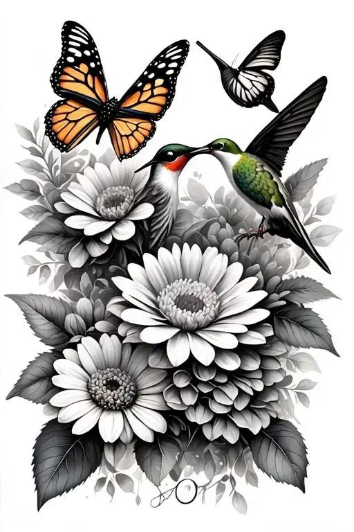 hummingbird, chrysanthemum flowers, monarch butterflies tattoo design idea