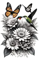 hummingbird, chrysanthemum flowers, monarch butterflies tattoo design idea