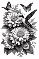 hummingbird, chrysanthemum flowers, monarch butterflies tattoo design idea