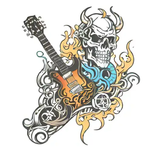 electric guitar, skull, flame, motorcycle tattoo design idea