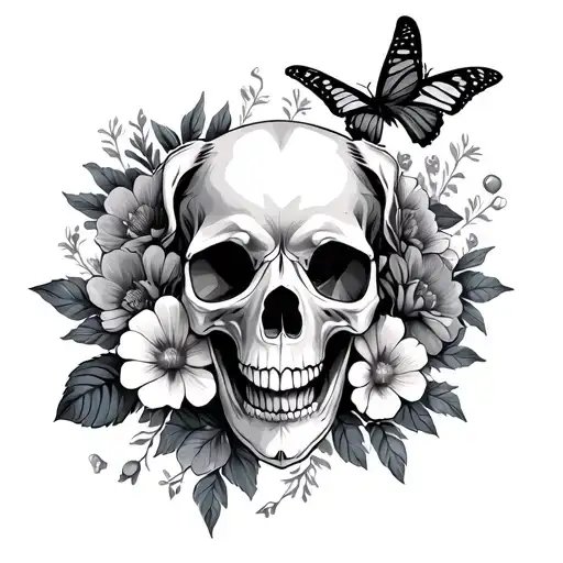 dog skull flowers monarch butterfly tattoo design idea