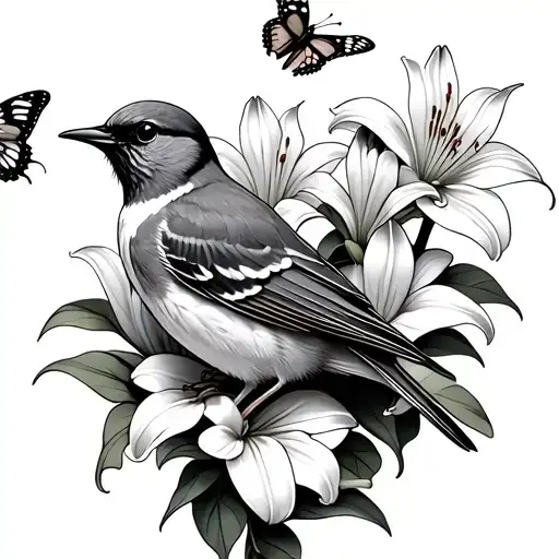 a mockingbird with lily flowers surrounding it and 3 butterflies landing on the petals of the flowers and folage tattoo design idea