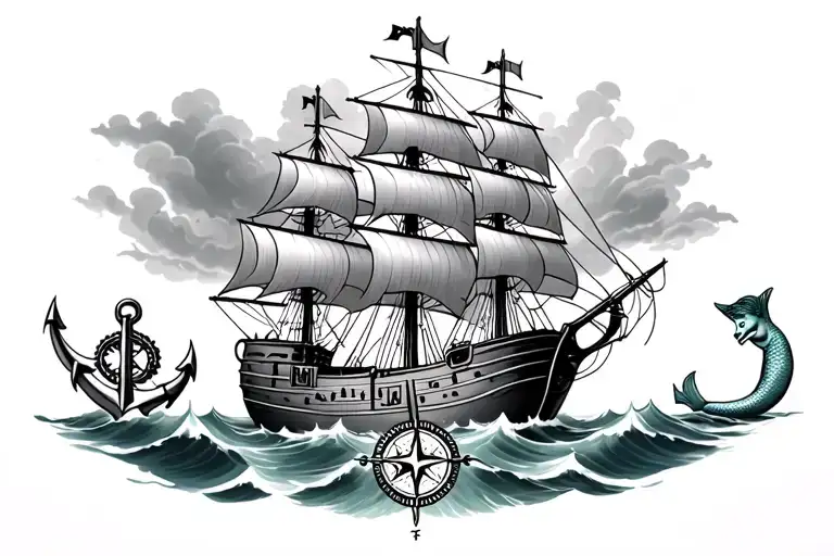 pirate ship, anchor, compass, mermaid, storm tattoo design idea