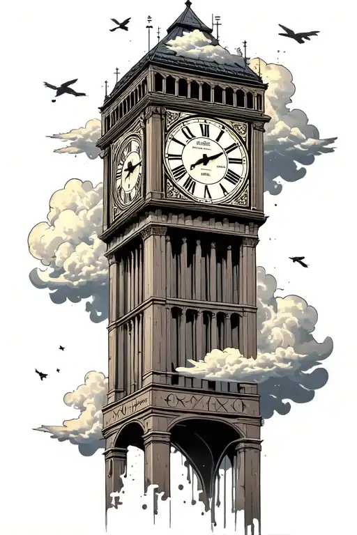 clock tower surrounded by clouds floating with roman numerals and coordinates next to it tattoo design idea
