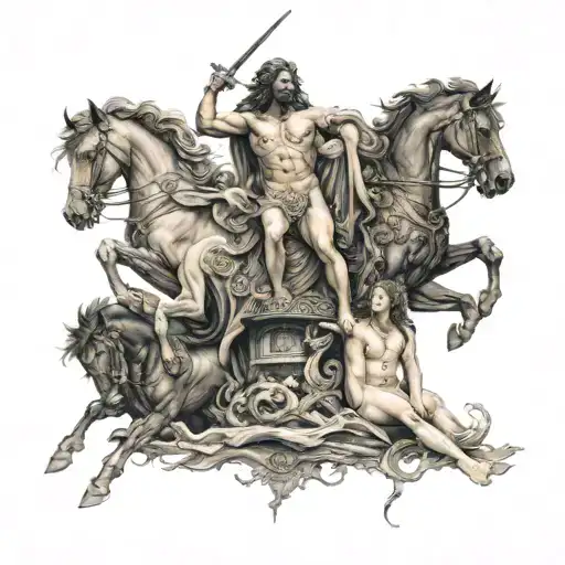 four horsemen of the apocalypse trampling nine muses, nude tattoo design idea