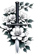 long samurai sword with sakura flowers tattoo design idea