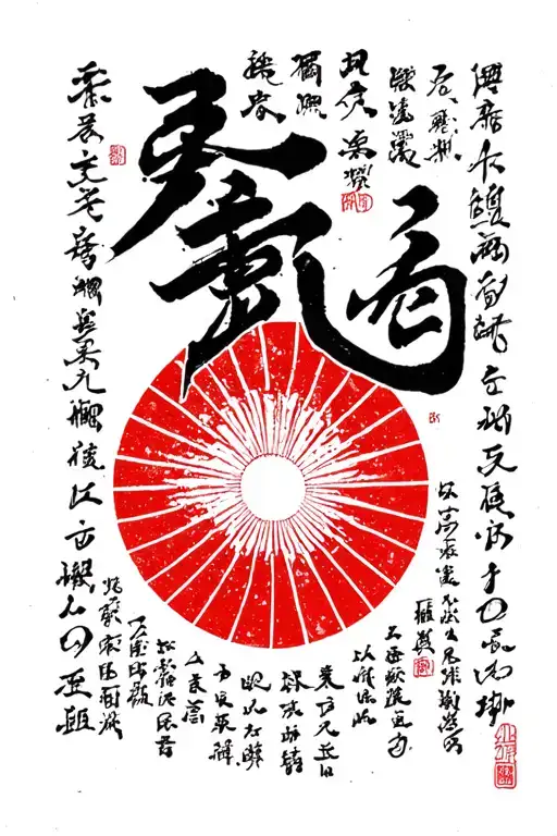  the words family, love, endurance and freedom in kanji, formatted as a list downwards with a Japanese red sun at bottom tattoo design idea