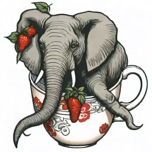 elephant swimming in a coffee cup with strawberries in it  tattoo design idea