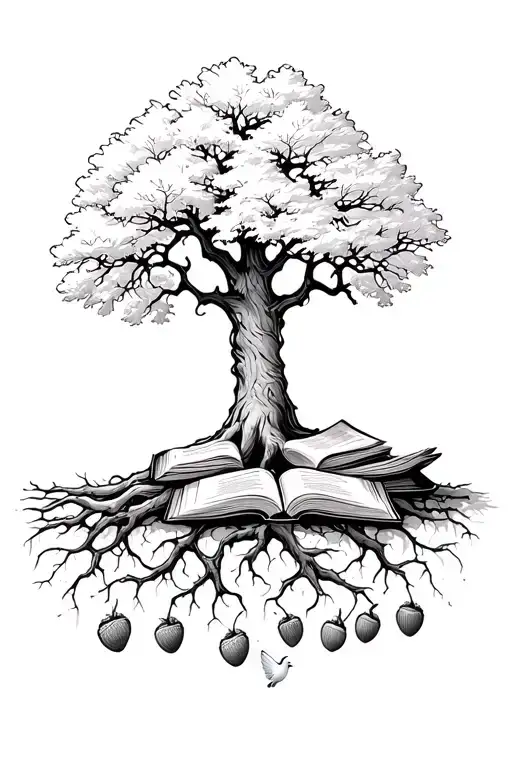 oak tree with roots turning to acorns, books, doves minimalist  tattoo design idea