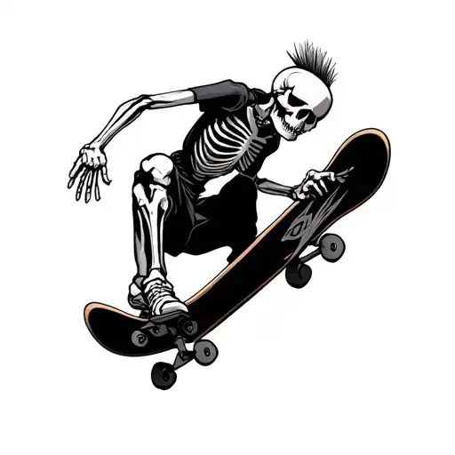 Skeleton riding a skateboard with a Mohawk jumping tattoo design idea