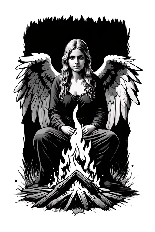 angel sitting at a bonfire tattoo design idea