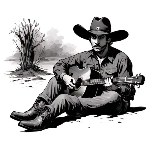 cowboy sat down playing a sad song on guitar in a hat, the hat guitar and boots in the correct place but the cowboy isnt tattoo design idea