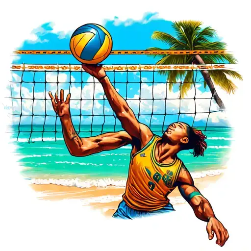 A neotraditional tattoo of a volleyball player spiking a ball over a net on a Guam beach, with a traditional Chamorro design incorporated into the background tattoo design idea